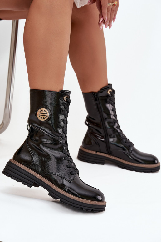com efeito verniz Botins de trabalho Feminino Ze cor douradam Detalem aquecimento cor preta Dorialine