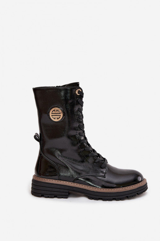 com efeito verniz Botins de trabalho Feminino Ze cor douradam Detalem aquecimento cor preta Dorialine