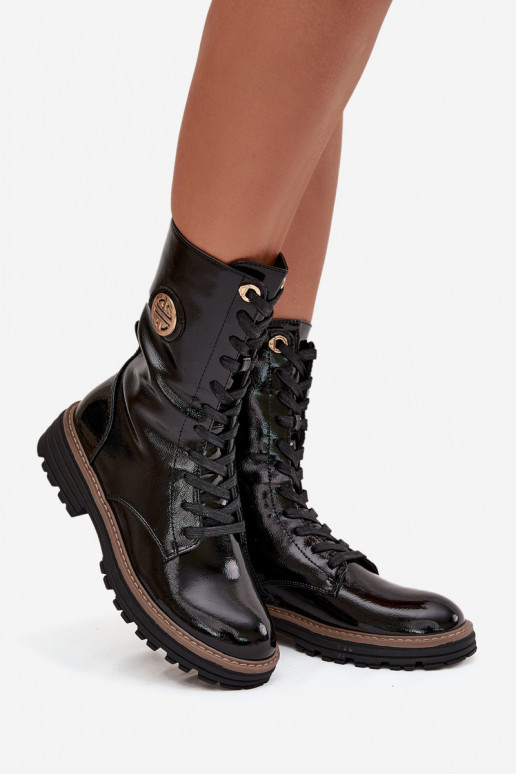 com efeito verniz Botins de trabalho Feminino Ze cor douradam Detalem aquecimento cor preta Dorialine