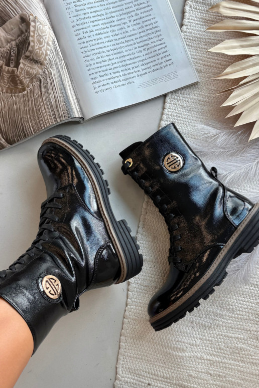 com efeito verniz Botins de trabalho Feminino Ze cor douradam Detalem aquecimento cor preta Dorialine