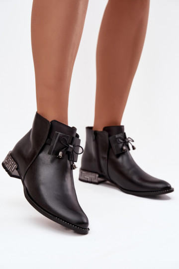 Botins femininos de couro natural com salto baixo Zazoo 1396 na cor preta 2