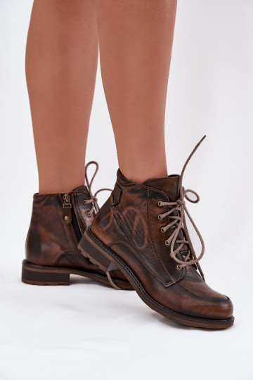 Botins femininos de couro natural com saltos largos Tai turiciejka 07063-02 na cor marrom