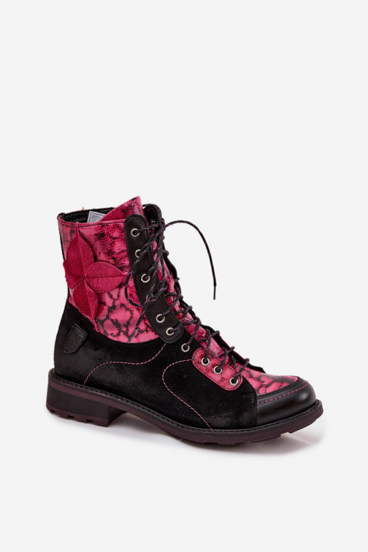 Pele Botas femininasHabilitadoturalnej Skóry com salto largo Tem que serciejka 07004-23 Preto e-cor rosa