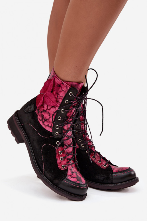 Pele Botas femininasHabilitadoturalnej Skóry com salto largo Tem que serciejka 07004-23 Preto e-cor rosa