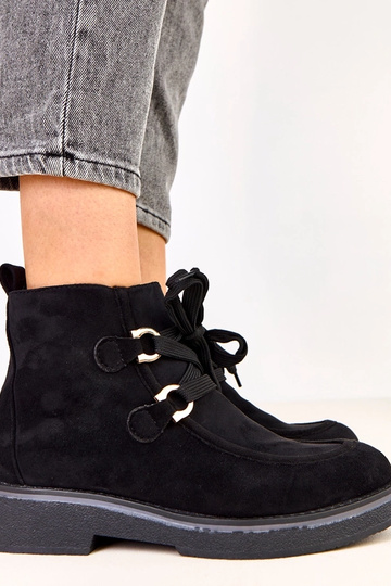 Botas de cano curto quentes pretas com cadarços decorativos, Katrins 2