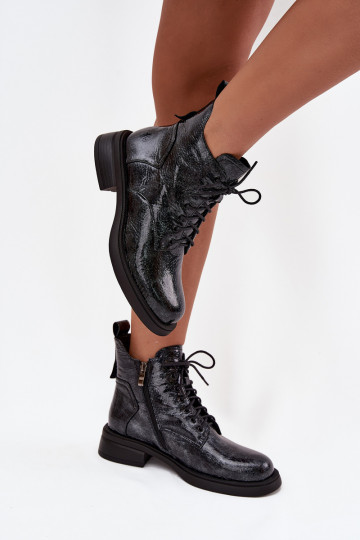 Botins femininos de couro envernizado Klocke D&A LZ52-954 azul-marinho