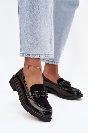 Mocassins femininos envernizados com contas S.Barski HY52-541 pretos