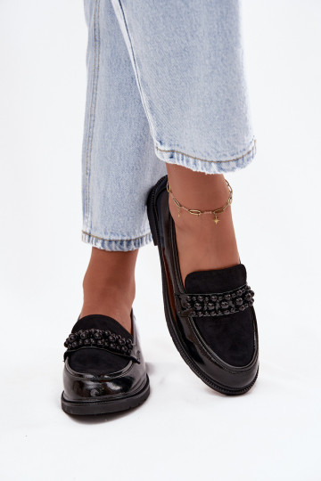 Mocassins femininos envernizados com contas S.Barski HY52-541 pretos 2