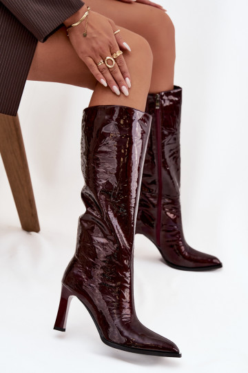 Botas femininas envernizadas de couro de cano longo com saltos forradas D&A CR52-716 bordô