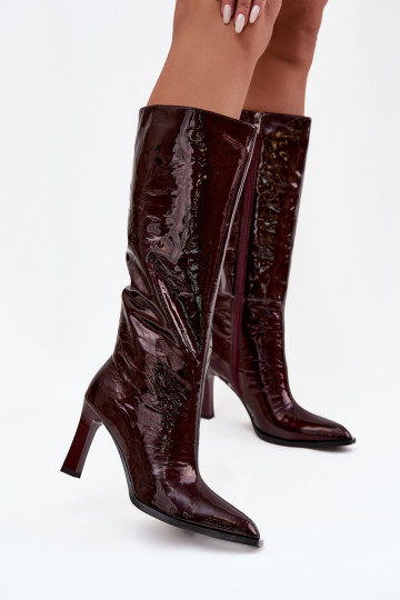 Botas femininas envernizadas de couro de cano longo com saltos forradas D&A CR52-716 bordô 2