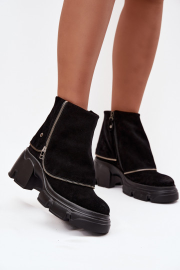 Botins femininos de couro com cholewa bordada Tai turiciejka 07145-01 pretos