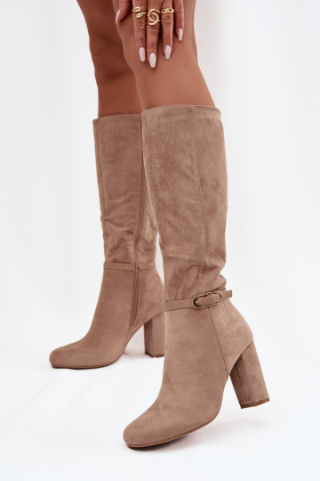 botas femininas com salto com fivelas douradas aquecimento bege Seraphine 2