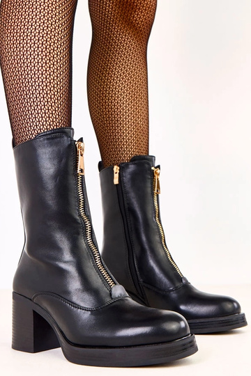 Botins de salto alto pretos com zíper decorativo na frente Erafir