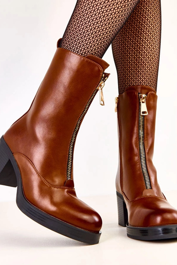 Botins de salto alto marrons com zíper decorativo na frente Erafir 2