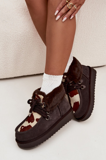 Botas de neve femininas em camurça natural com remendos D.Franklin DFSH375008 na cor chocolate