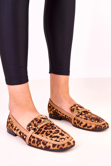 Sapatilhas pretas tipo ballerina em suede sintético com estampa de leopardo e tachas Molia