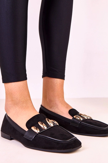 Sapatilhas elegantes pretas tipo ballerina com decoração dourada Klesa