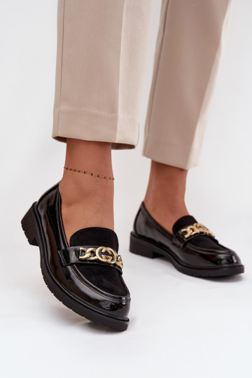 Mocassins lacados Feminino com detalhes dourados S.Barski HY52-540 cor preta