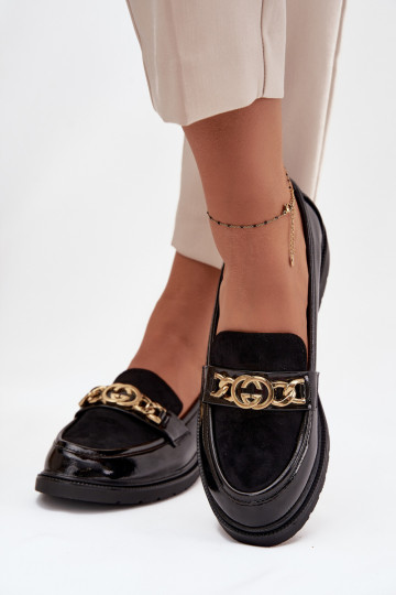 Mocassins lacados Feminino com detalhes dourados S.Barski HY52-540 cor preta 2