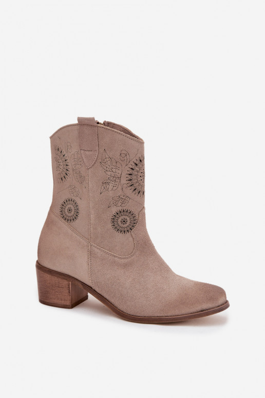 de camurça Pele Botas femininas com elementos abertos com salto Zazoo 3844 cor capuccino