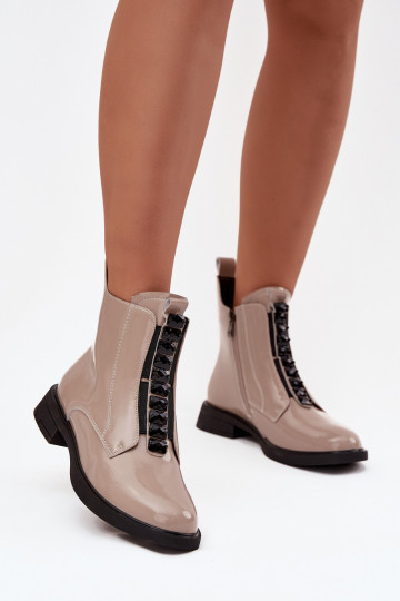 Botas femininas de couro natural com efeito envernizado D&A MR52-108 na cor areia