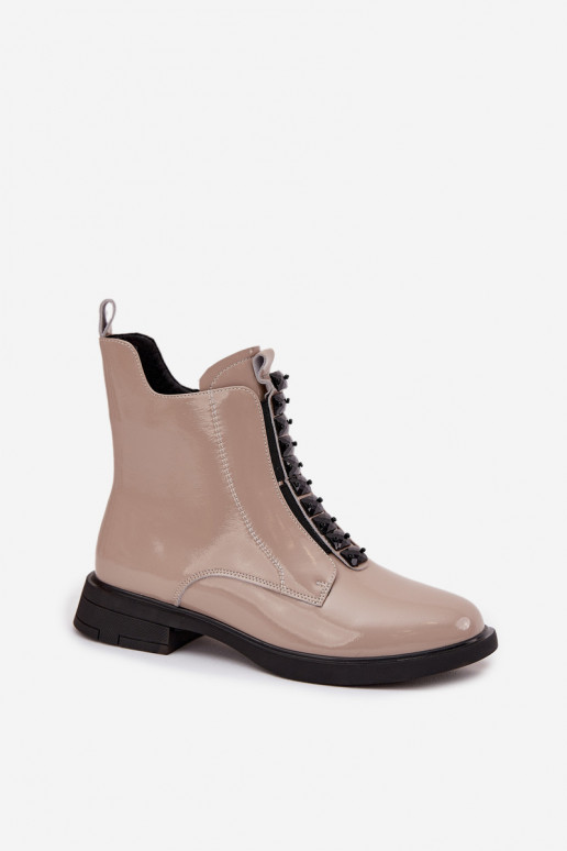 Botas femininas de couro natural com efeito envernizado D&A MR52-108 na cor areia