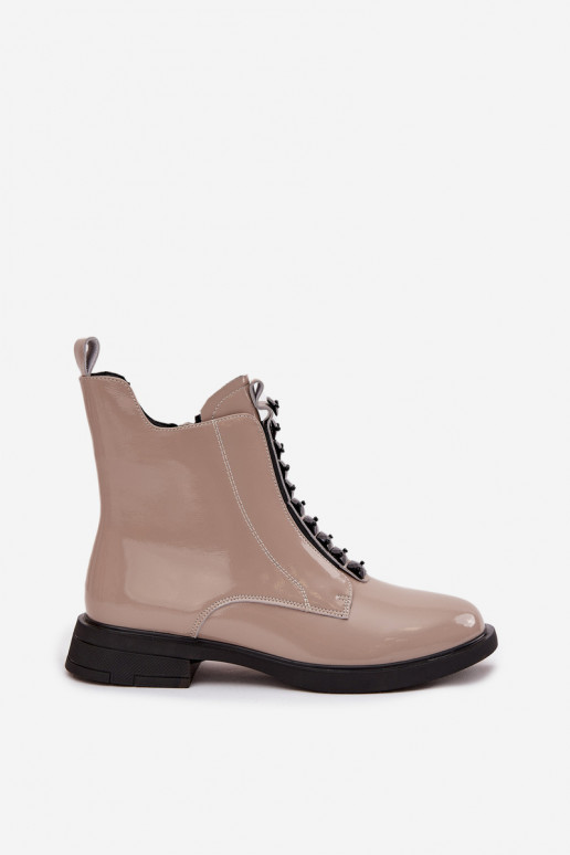 Botas femininas de couro natural com efeito envernizado D&A MR52-108 na cor areia