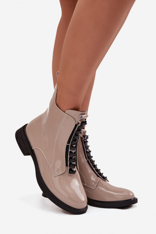 Botas femininas de couro natural com efeito envernizado D&A MR52-108 na cor areia