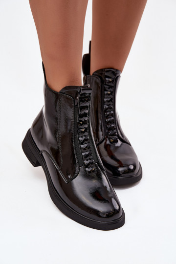 Botins femininos envernizados de couro sintético D&A MR52-108 pretos
