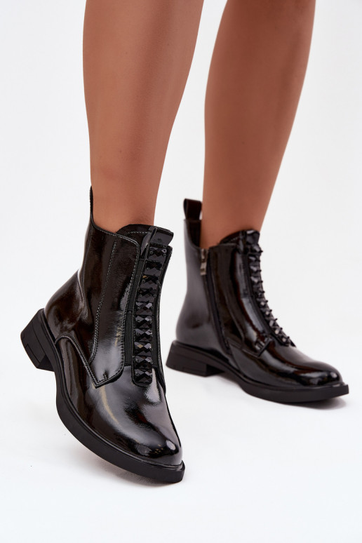 Botins femininos envernizados de couro sintético D&A MR52-108 pretos