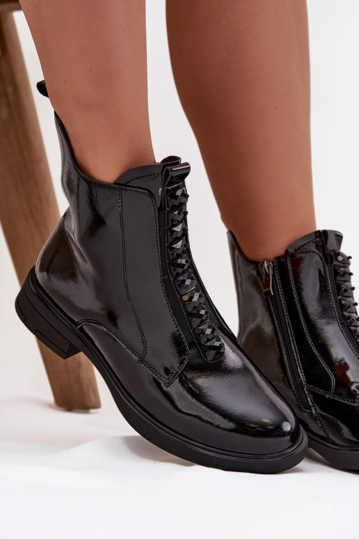 Botins femininos envernizados de couro sintético D&A MR52-108 pretos