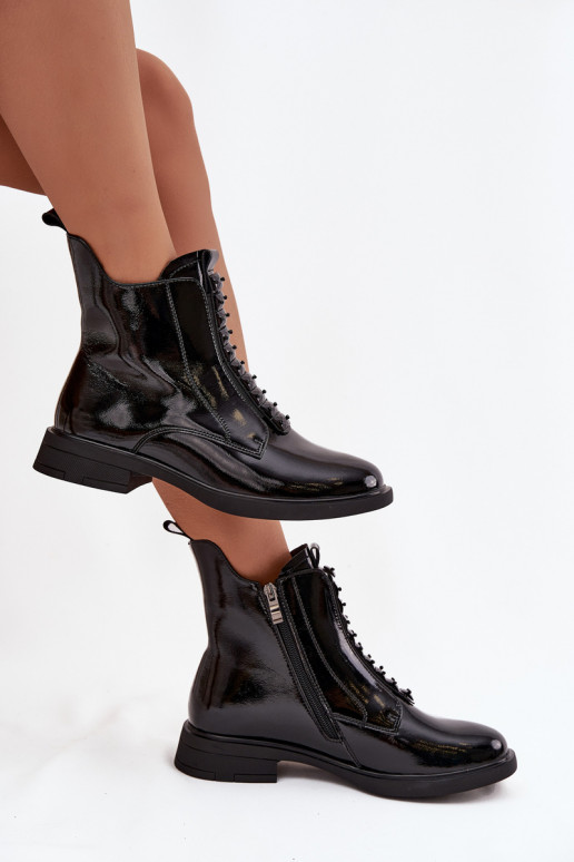 Botins femininos envernizados de couro sintético D&A MR52-108 pretos