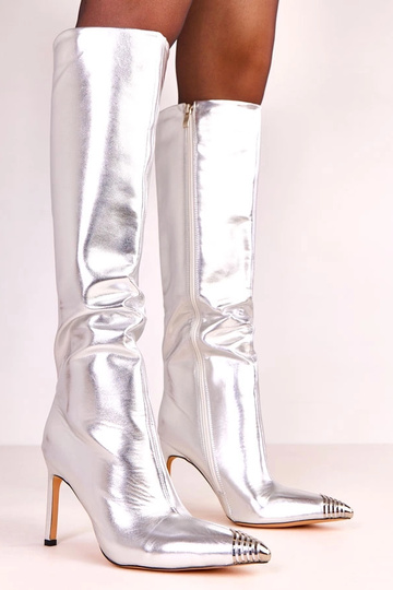 Botas elegantes prateadas de cano longo com bico metálico Janisa