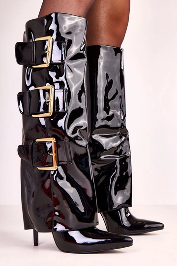 Botas verniz preto com cano dobrado Karela