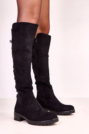 Botas femininas pretas acima do joelho com cadarços Rebecca