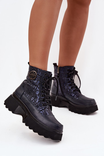 Pele Botas femininas com uma plataforma com escritos I Ozdobnym Detalem Artiker 57C2271 azul escuro