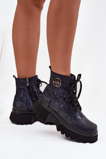 Botins femininos de couro com plataforma e detalhes decorativos Artiker 57C2271 azul escuro 2
