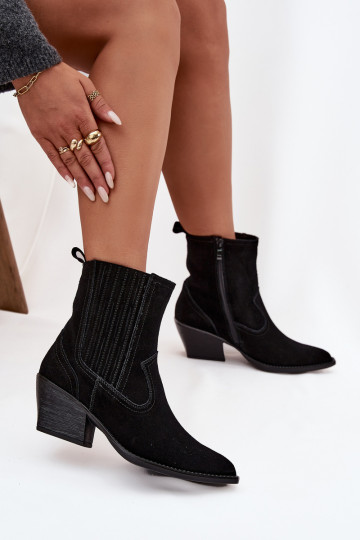 Botas femininas de camurça estilo cowboy com salto aquecidas, cor preta Dylira