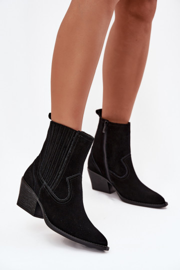 Botas femininas de camurça estilo cowboy com salto aquecidas, cor preta Dylira 2