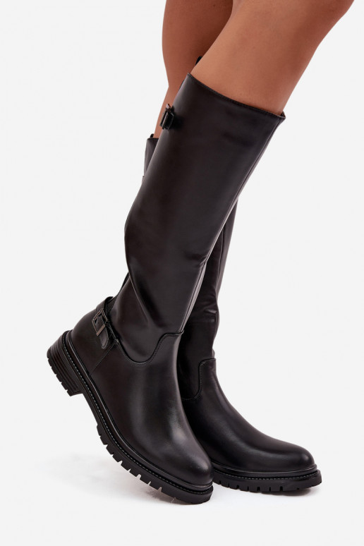 aquecimento botas femininas com salto largo com fivelas cor preta Sorelle aquecimento botas femininas com salto largo com fivelas cor preta Sorelle