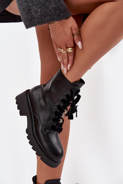 aquecimento Botas femininas Com decorações Amarrandom cor preta Elindra