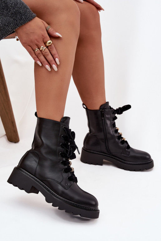 aquecimento Botas femininas Com decorações Amarrandom cor preta Elindra