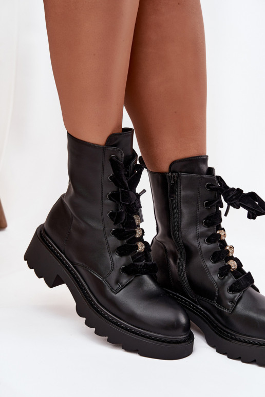 aquecimento Botas femininas Com decorações Amarrandom cor preta Elindra