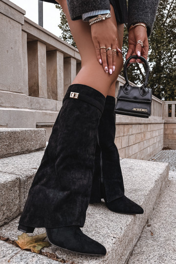 Botas femininas até o joelho com saltos e cano decorado, cor areia Evyra