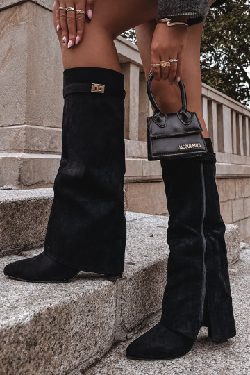 Botas femininas até o joelho com saltos e cano decorado, cor areia Evyra 2