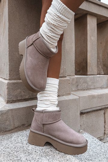 Botas de neve femininas de camurça natural aquecidas com pelagem interna, cor caqui Milora
