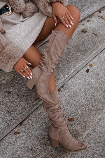 botas femininas Com top enrolado com salto aquecimento bege Paelina