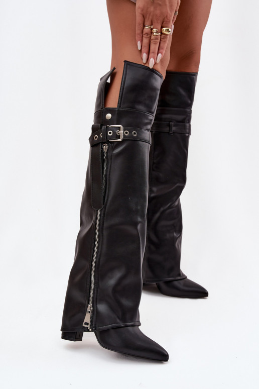 aquecimento botas femininas acima do joelho com salto com alças com fivelas I cor pratam Zamkiem cor preta Reisa aquecimento botas femininas acima do joelho com salto com alças com fivelas I cor pratam Zamkiem cor preta Reisa