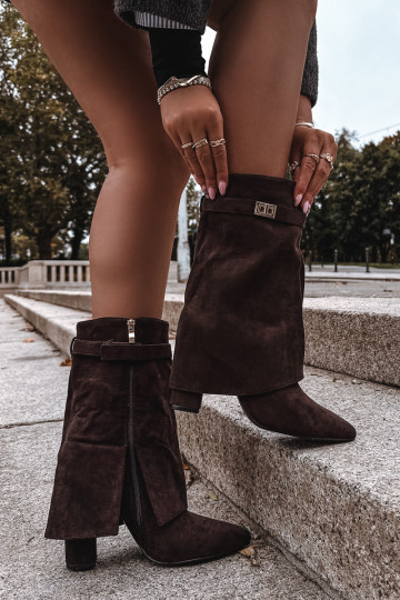 Botas femininas aquecidas com saltos decorados na cor chocolate Luvielle 2