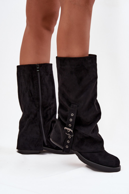 botas femininas Com top enrolado I com fivelas cor preta Ophelis